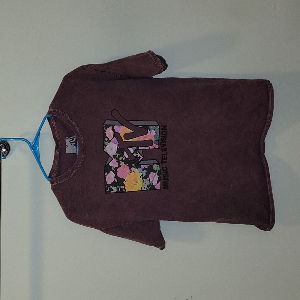 100% Cotton Distressed Maroon Vintage Floral MTV T-Shirt - Large